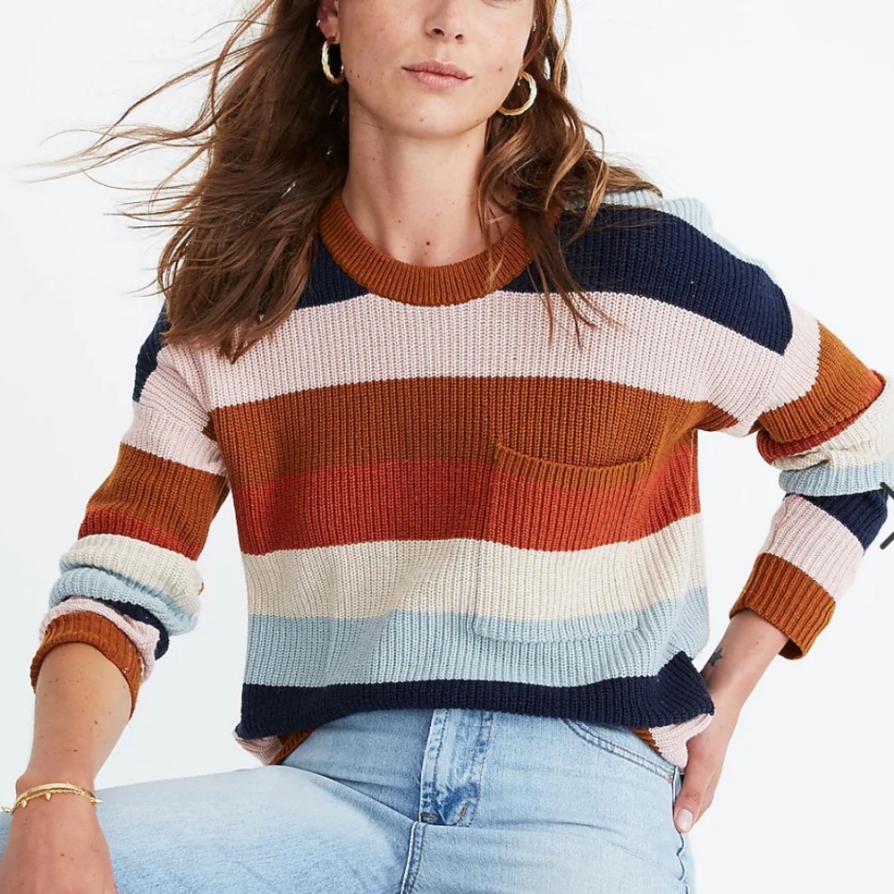 Madewell Thompson Pocket Pullover Sweater in Rainbow Stripe